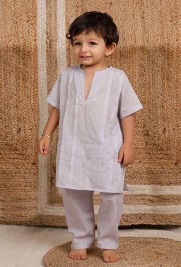 Set Of 2: Light Grey Mul Mul Kurta With Light Grey Pant